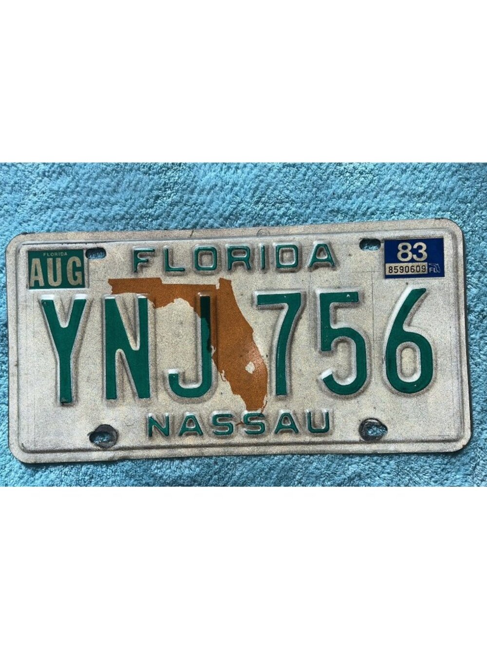 NASSAU Florida License Plate Vintage 1983 Tag YNJ 75 State Map Graphic August